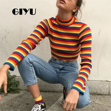 *#Best Price GIYU Mock Neck Rainbow Striped Patchwork Printed Knit Sweater Skinny Basic Autumn Basic Jumpers Pullover sueter mujer invierno *#Best Price GIYU Mock Neck Rainbow Striped Patchwork Printed Knit Sweater Skinny Basic Autumn Basic Jumpers Pullover sueter mujer invierno