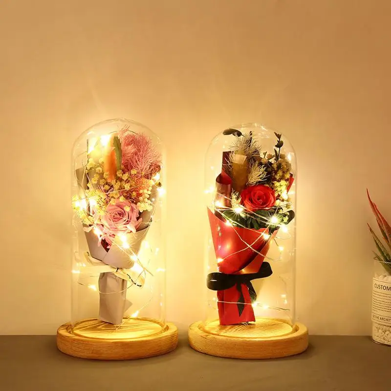

Hot Sale Night Lights Portable Delicate Design Copper Wire Lamp 20LED Night Lights Rose Flower in Glass Dome for Valentine Gift