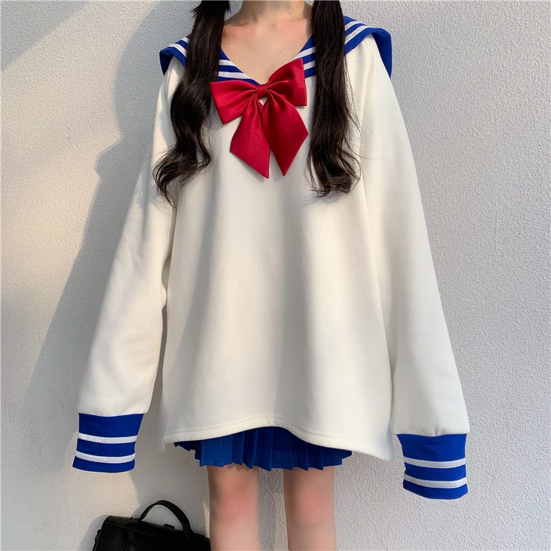 

Suit Female 2020 Japanese New Kawaii Bow Western Style Navy Collar Jk Uniform Loose Sweater Fashion Sweet Cute Pleated Dresses