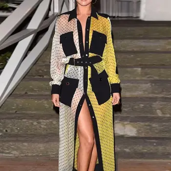 

Fall Long Sleeve Polka Dot Print Color Block Long Shirt Dresses Women White Yellow Turn Down Collar Office Work Sexy Maxi Dress