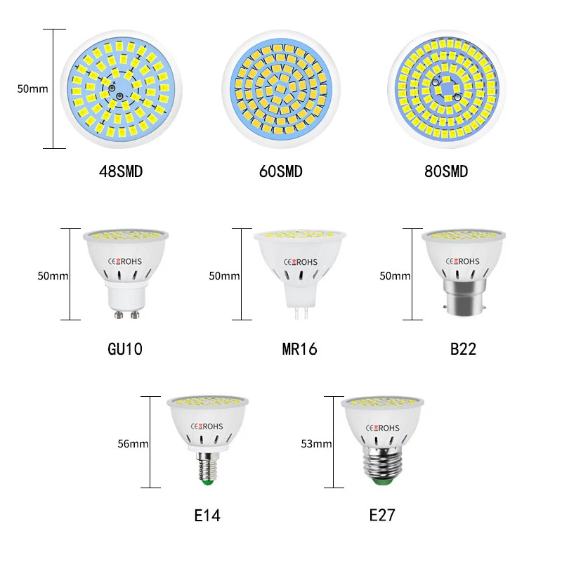 Светодиодная лампочка точечного светильника MR16 GU10 E27 E14 B22 SMD 48/60/80 светодиодов