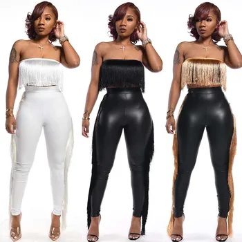 

Party Sexy 2 Piece Set Women Tassel Club Wear Set Women Strapless Crop Top Long Pants Set Autumn Casual Two Piece Outfits