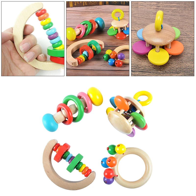 Handbells Cute Baby Rattle Wood Babies Toy Rattles Baby Bed Hand Bell Toddlers Teether Rattles Musical Educational Instruments