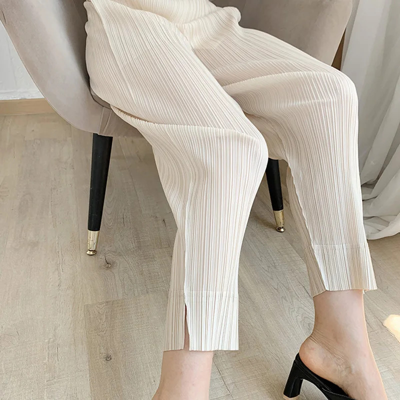 Pants For Women 45-75KG Stretch Miyake Pleated Straight Trousers Split Ankle Length All Matched Casual Pants Female