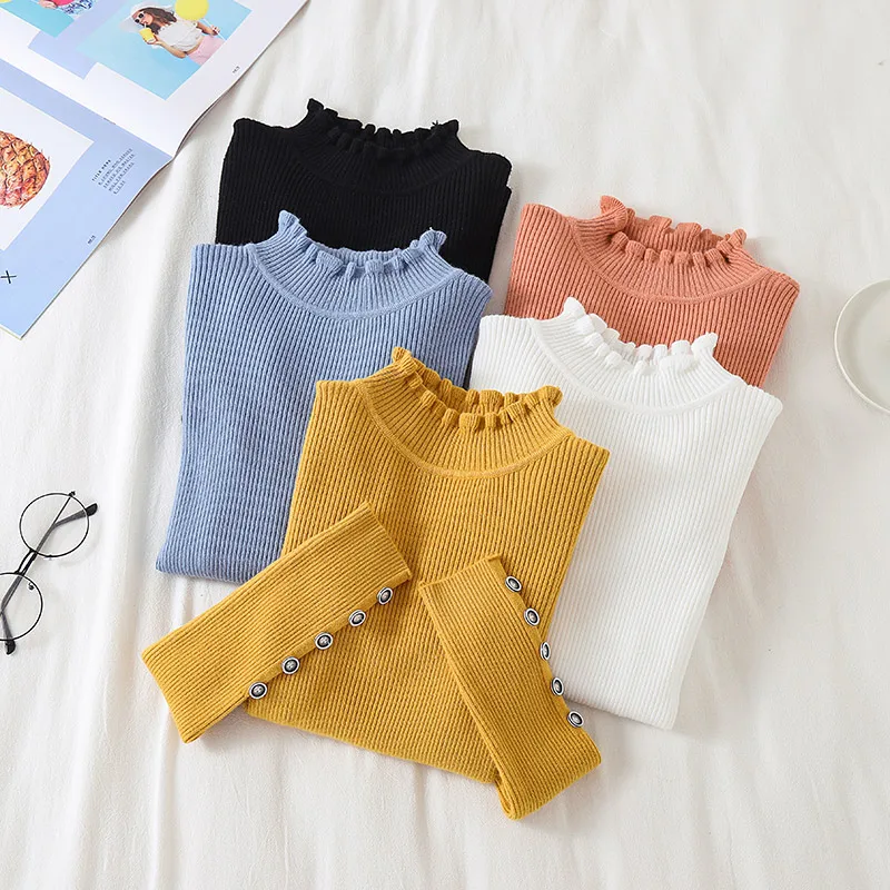 

Elasticity Ruched Turtleneck Sweater Women Button Long Sleeve Slim Knitted Women Pullover Sweater 2019 Autumn Winter Ladies Tops
