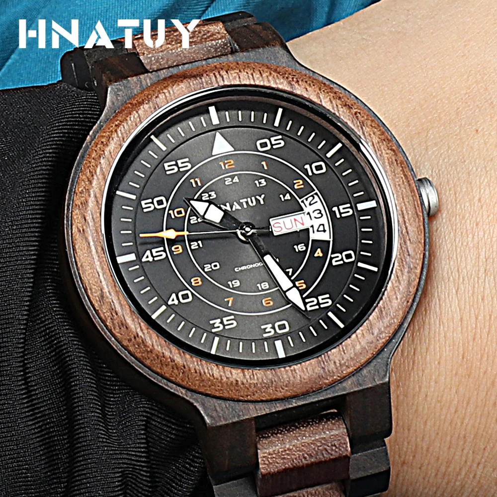 

Hnatuy Wooden Men's Watch Simple Sport Quartz Wristwatches Date and Week Super Luminous Pointer Watches Man 2019 Wooden Gift Box