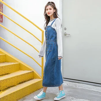 

Women's Denim Strap Skirt 2020 Spring New Dress Women's Loose Mid-Length Over-the-Knee Sling Denim Skirt