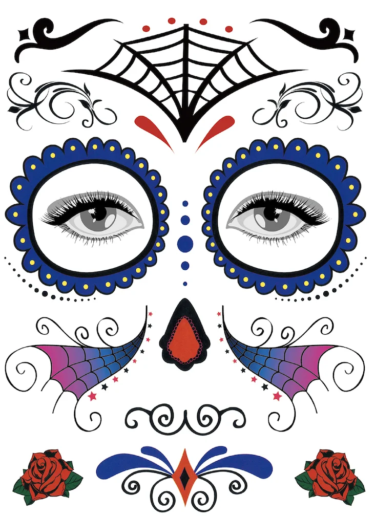 Mexica Day of the Dead Sugar Skull Face временная татуировка Хэллоуин Макияж наклейки для Хэллоуина Маскарад Вечерние - Цвет: 148x210mmSS 09