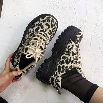

Women's Thick Bottom Leopard Lace Up Round Toe Pumps Shoes Canvas Casual B98