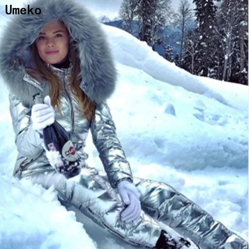 Glossy Winter Hooded Jumpsuits Parka Plus Size Padded Warm Sashes Ski Suit Straight Zipper One Piece Women Casual Tracksuits