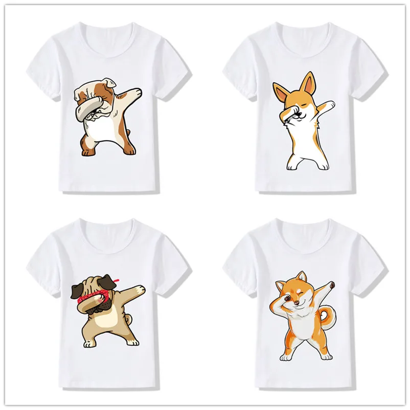 Забавная детская одежда футболка с рисунком детская одежда с принтом танцевальной собаки белые топы с круглым вырезом и короткими рукавами для девочек и мальчиков, футболки для От 1 до 12 лет