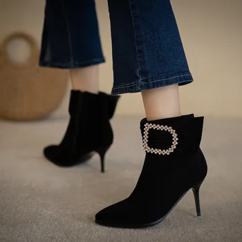 

ochanmeb Small Size 32 33-48 Women Ankle Boots Thin High Heels Flock Short Boot Woman Rhinestone Buckle Bow Party Shoes Autumn