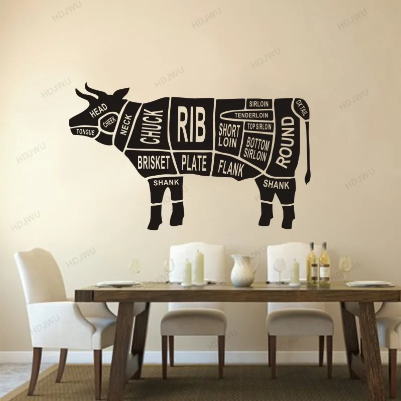 Вырезы коровы дизайн виниловые Термоаппликации для кухни на стену Ресторан украшения мясники наклейки с животными на стену корова тела плакат HD80