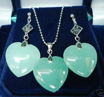 

Hot sell good wholesale beautiful silver plated heart shape green jade earring and pendant jewelry set