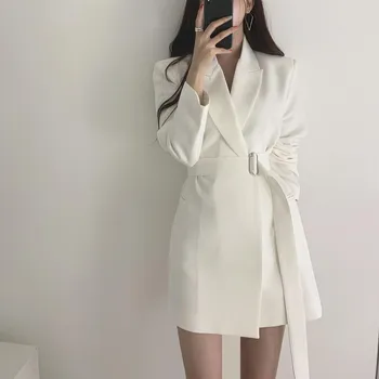 

Women Elegant Lace Up Long Blazer Coat 2019 Autumn Notch-Neck Belt White Jacket Full Sleeve Retro Outerwear