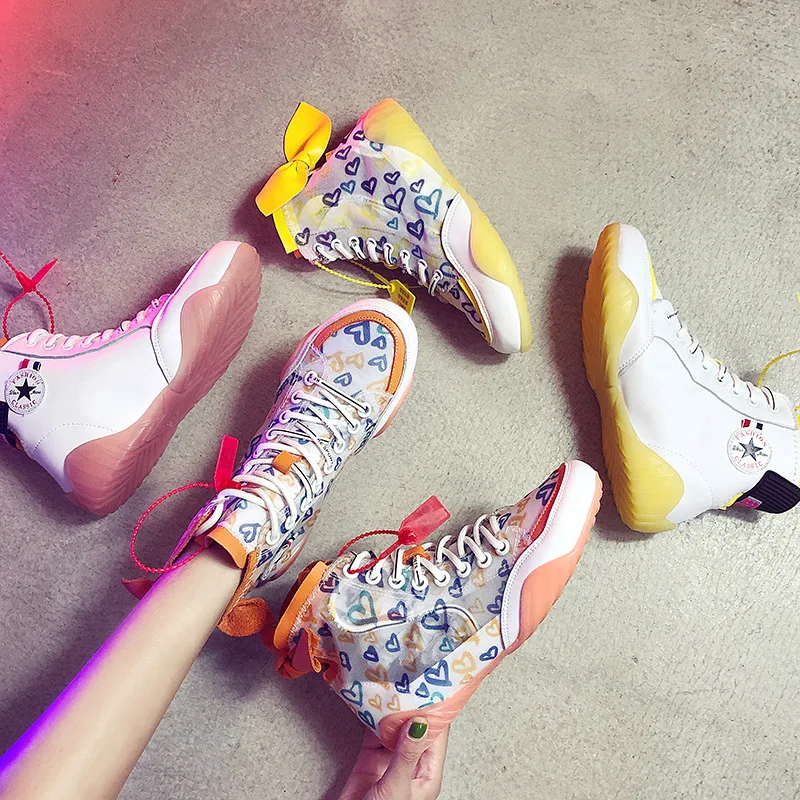 

Autumn New Korean Version The Wild Color Matching Mesh Breathable Leather Casual Tie Round Head Flat High Help Shoes Tide A193