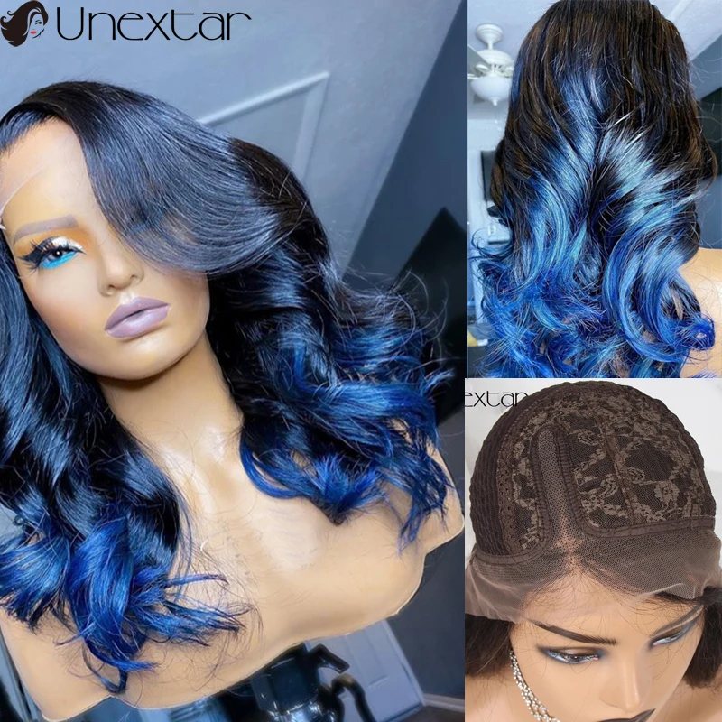 Parte do Laço do Cabelo Perucas de Cabelo Untar Azul Ombre Cabelo Indiano 13x4 Perucas Naturais Linha Fina Onda Solta Remy Humano Cor 2 Apliques e perucas