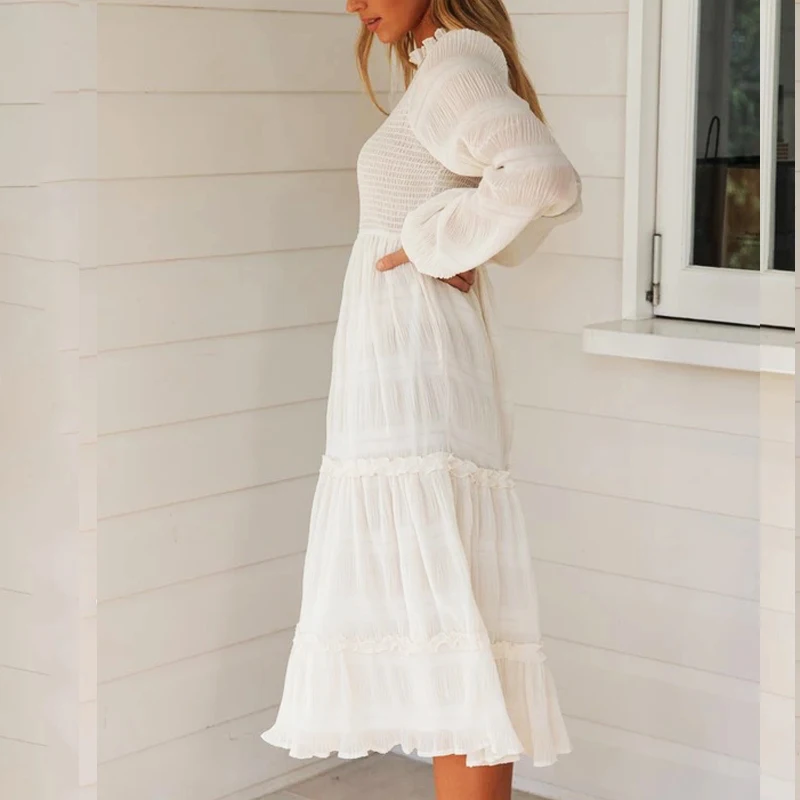 Осеннее летнее платье женское с длинным рукавом с высокой талией белое гофрированное Длинное Платье Женское Vestidos винтажное пляжное женское большое платье