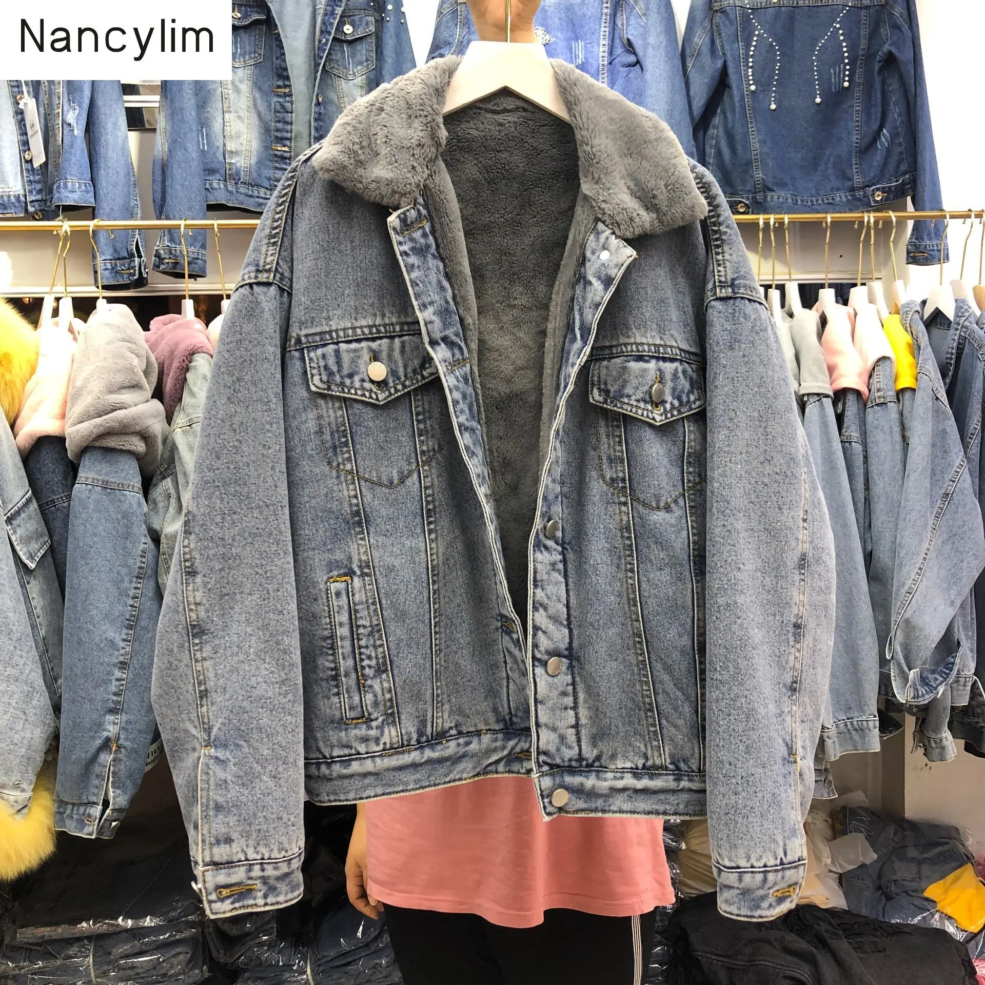 

Winter Denim Fur Coat Women Lamb Hair Liner Thickened Warm Denim Coat Fenne Student Loose Short Cotton Jeans Jackets Parkas