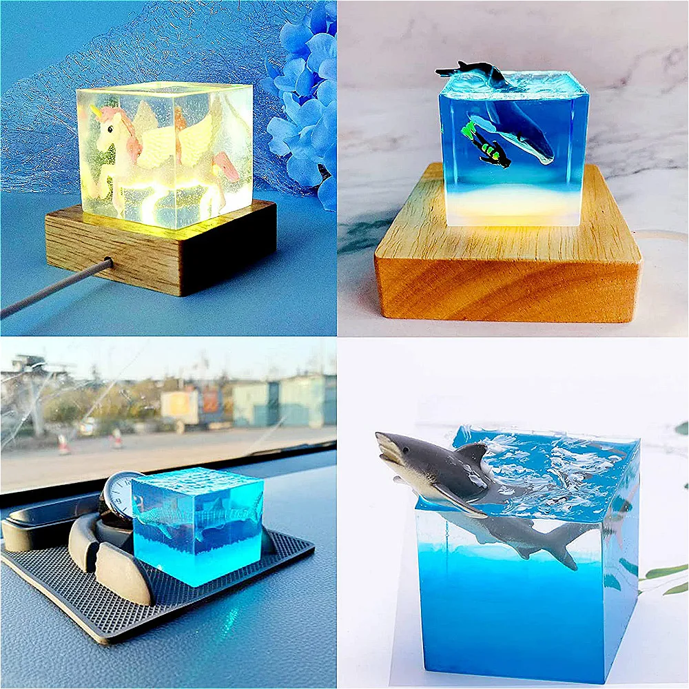 Voaesdk Light Resin Square Molds,Large Cube LED Silicone Molds for Resin  with USB Powered Wooden Lighted Base for DIY Crystal Resin Art Table Lamp