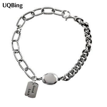 

925 Sterling Silver Square Charms Letter Women Bracelets Korean Style Retro Glossy Small Coin Chain Bracelet Female Jewelry