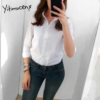 Женская белая рубашка, блузка, OL, элегантные женские рубашки, хлопок, длинный рукав, повседневная, свободная, уличная, негабаритные, Женские ...