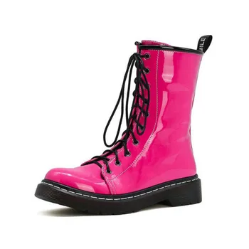 

Martin boots female British style patent leather thick bottom lace-up mid calf handsome motorcycle boots women knight shoes 43