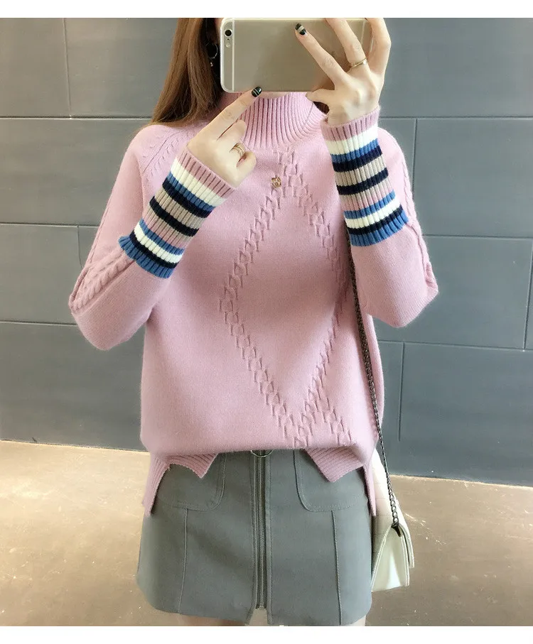 Neploe осенний вязаный свитер женская одежда мода Длинные рукава полосатые пуловеры зима тонкий низ трикотаж 53809 - Цвет: pink