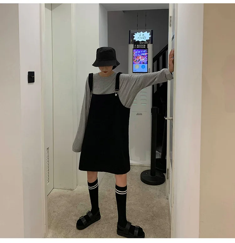 Strap Dress Women's Autumn New Style Korean-style Students Loose-Fit Slimming Black And White with Pattern GIRL'S Full Body