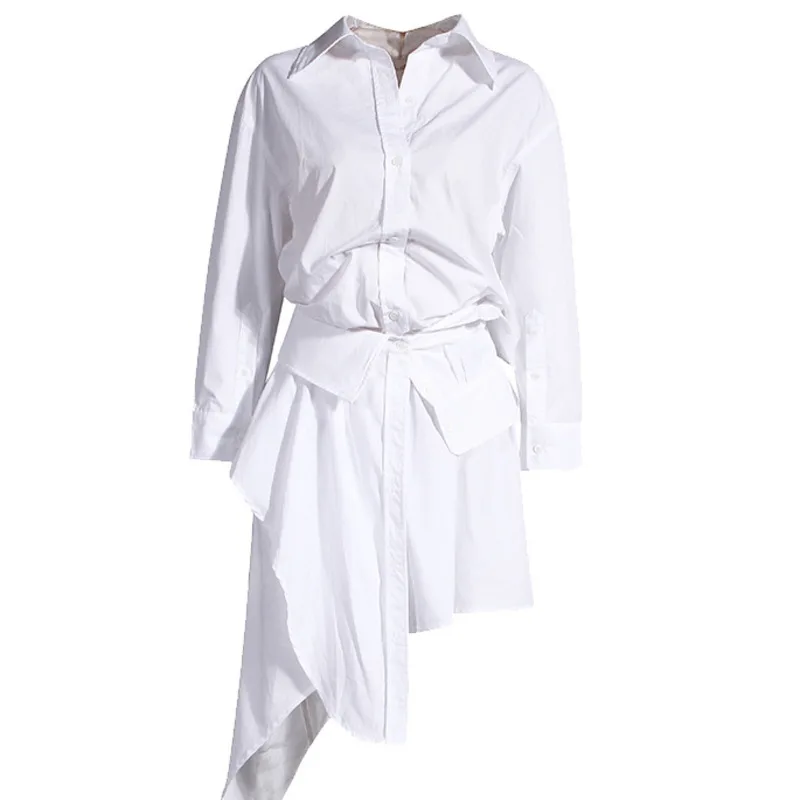 

XUXI Autumn 2020 Women Dress Streetwear Straight Fashion Long Sleeve High Waist Thin Turn-down Collar Above Knee Mini FZ2869