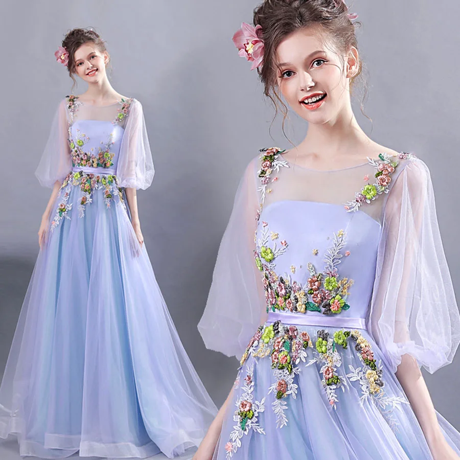 

Evening Dress Appliques Pearls Formal Dresses Purple O-neck Robe De Soiree E189 Lantern Sleeve Lace Up A Line Evening Gown 2019