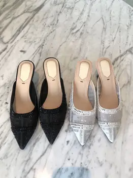 

2020 New Fashion Womens Summer Slide Slipper Mules Mid Heel Sexy Mesh Sandal Shoes With Crystal Thick Heel