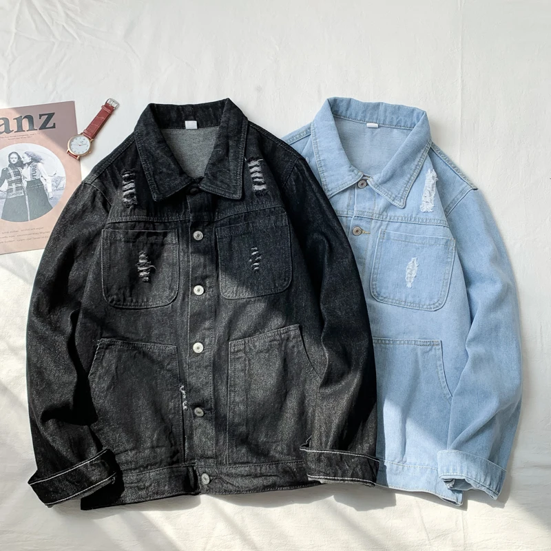 new good size fashion denim jacket lapelSpring fashion loose coupleEmbroidered casual jacket