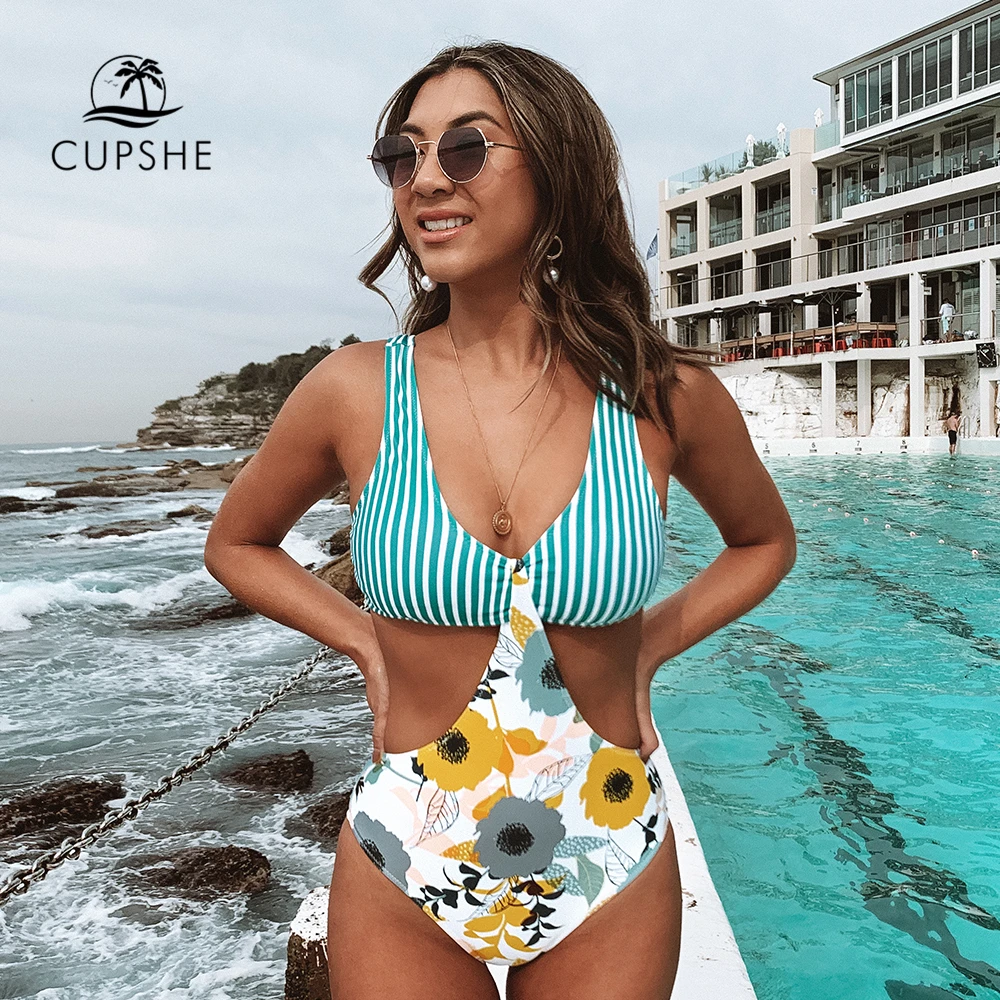 CUPSHE Aqua, полосатый и цветочный, с вырезами, Цельный купальник, сексуальный, с высокой посадкой, Женский Монокини,, для девушек, пляжные купальники, купальники