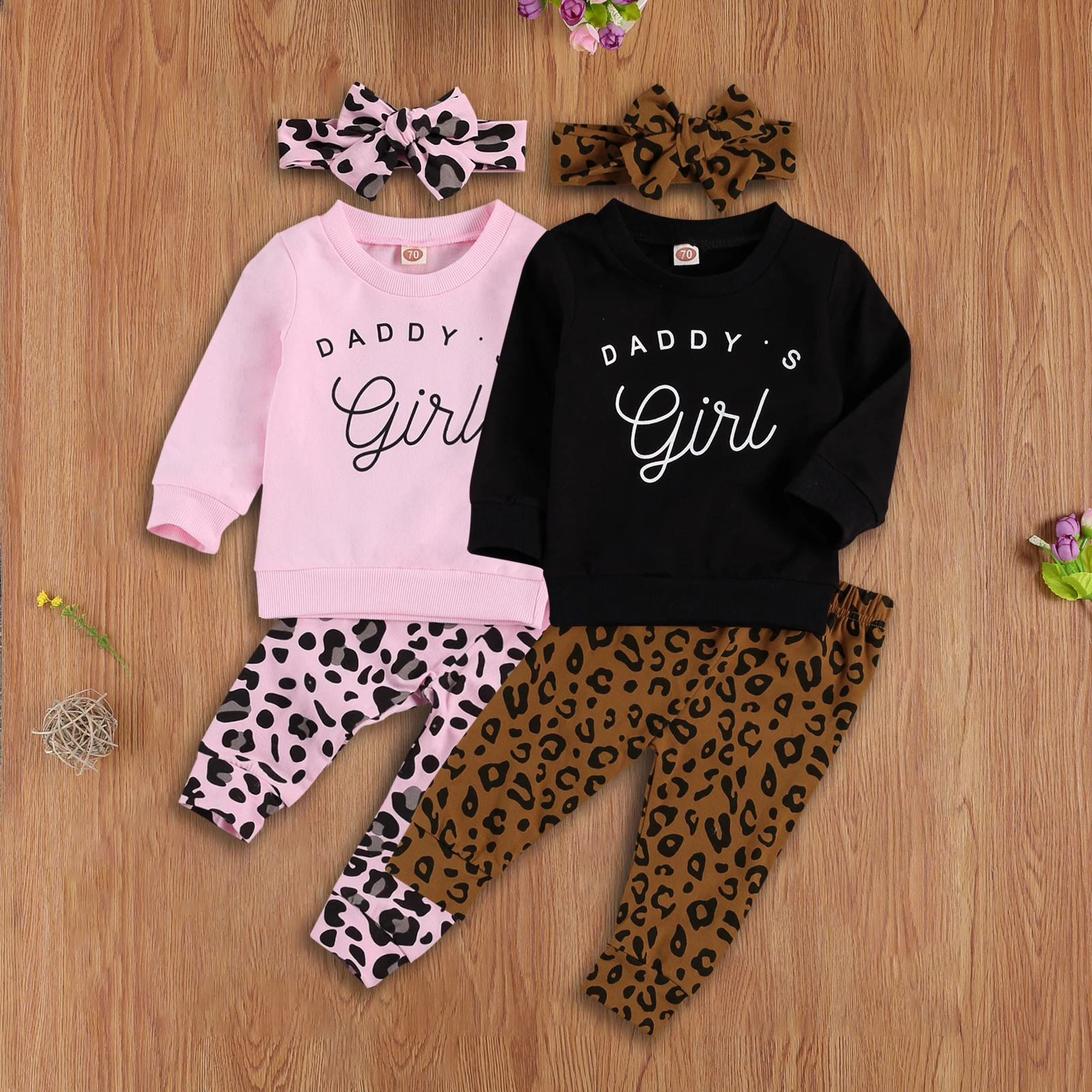 

3Pcs Newborn Baby Girls Casual Outfits, Infant Kids Long Sleeve Round Neck Letter Print Pullover + Leopard Trousers + Headband