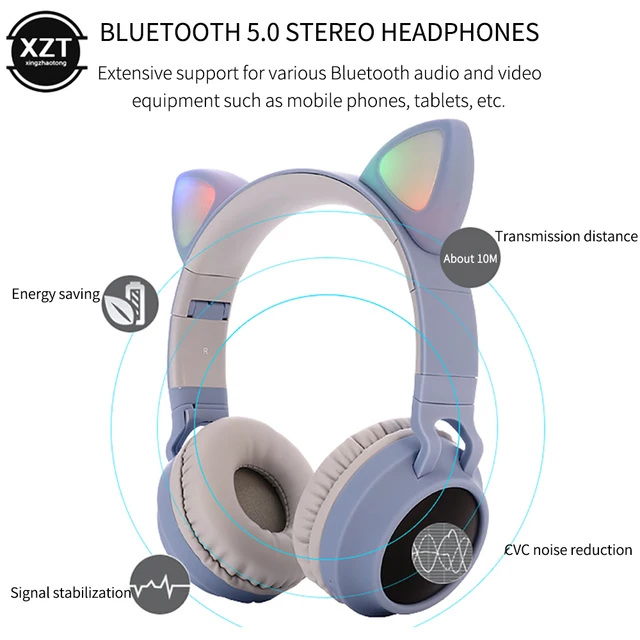 Sans fil Bluetooth 5.0 Led éclairé mignon chat Design élégant casque bleu  couleur enfant fille mais-chat casque