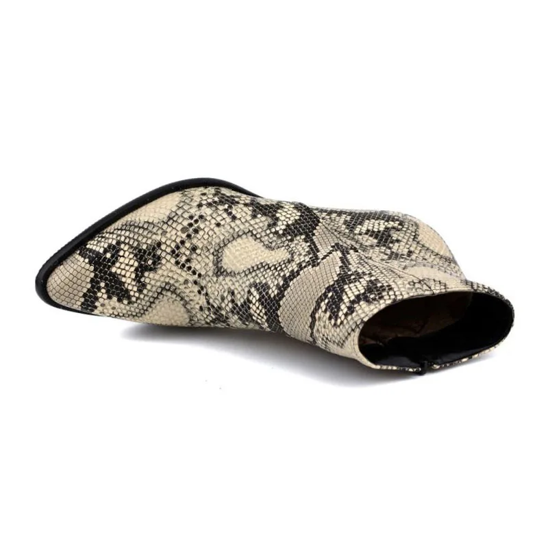 Taoffen Plus Size 34-48 Ankle Boots Women Western Style Cowgirl Shoes Women Fall Winter Snake Print Zipper High Heel Boots