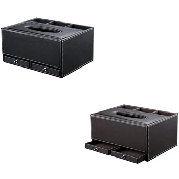 

Creative Tissue Box Holder 3 Compartments Holder With 2 Small Drawer Multi-function PU leather Tissue Box Cover Desk Organizer