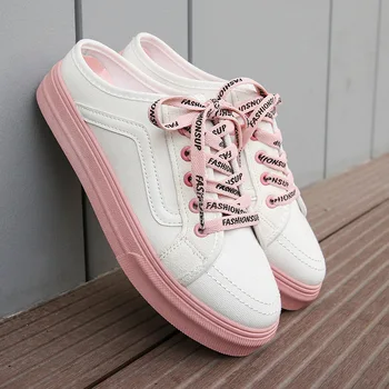 

2020 Spring and Summer Fashion Canvas Women Shoes Women's Lace-up Casual Shoes Without Heel Half Support One Pedal Lazy Shoes