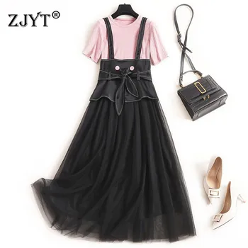 

Elegant Dress Lady 2020 New Fashion Designer Woman Clothes Short Sleeve Solid T Shirt+Empire Midi Strap Mesh Dress 2 Piece Sets