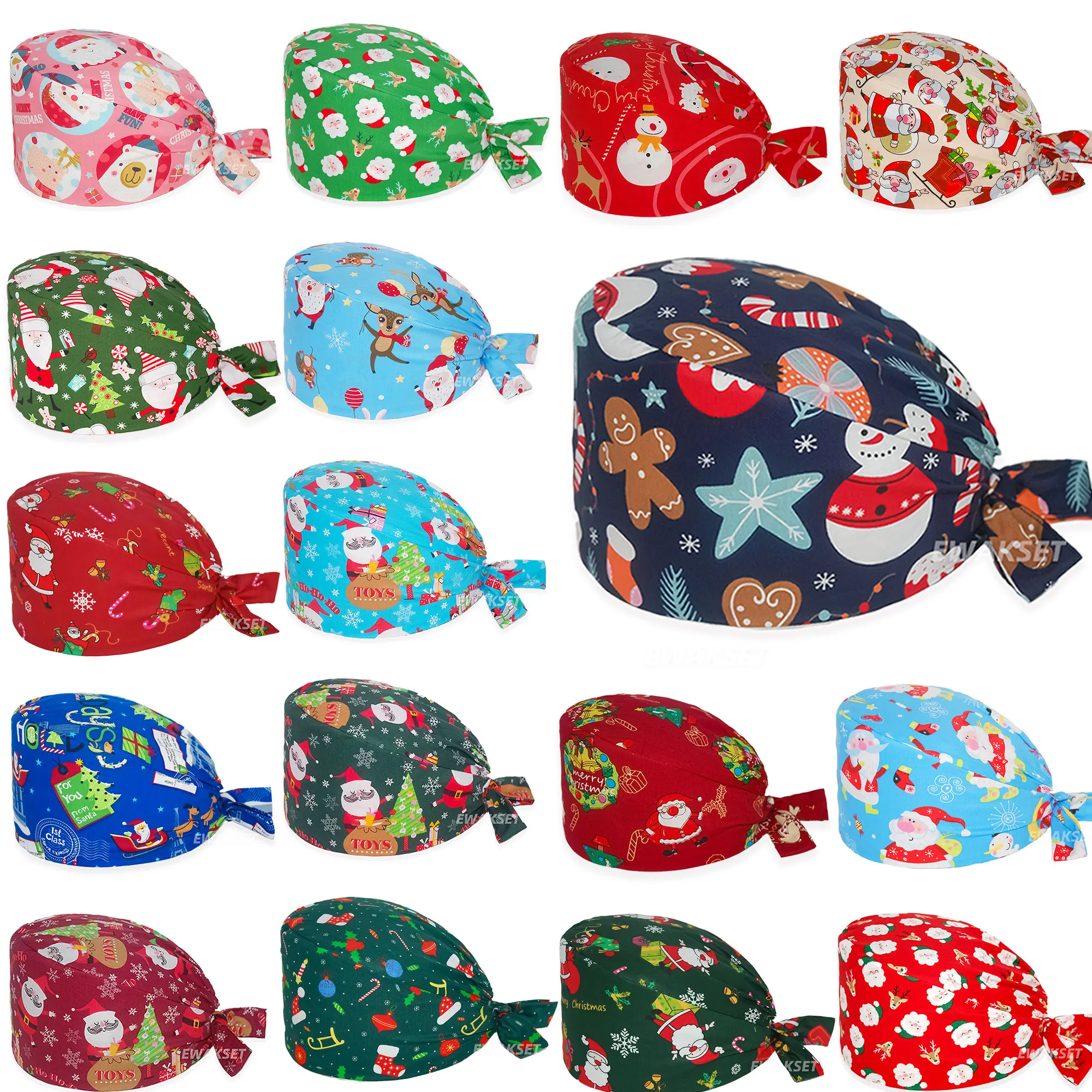 100%Cotton Nursing Hat Scrub Dental Cap Laboratory Pet Shop Medical Surgeon Spa Nurse Adjustable Scrubs Caps Christmas Printed