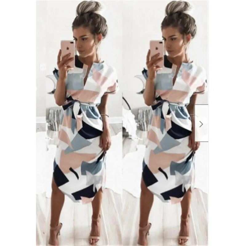 

Midi Boho Printed Dresses Plus Size Loose Summer Women Ladies Beach V-Neck Casual Dress