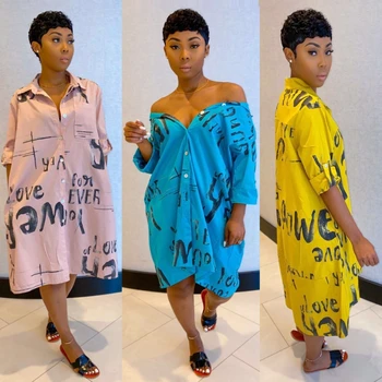 

African Shirt Dress For Women 2020 Summer Letter Print Dress Cartoon Button Party Loose Half Dresses Vestidos Africa Clothing