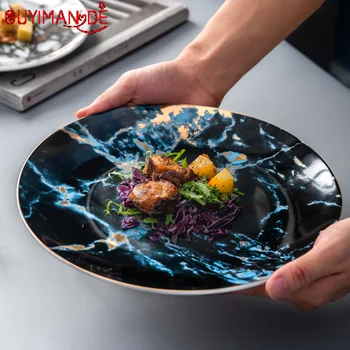 

8-10inch Nordic Style Steak Plate Marble Pattern Home Dining Plate Creative Ceramic Tableware Round Plate