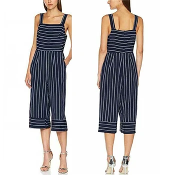 

Blue Striped Rompers 2020 Summer new Women Casual Loose Jumpsuit Sleeveless Backless Playsuit Wide Leg Trousers Overalls