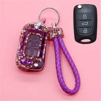 

For Kia Sportage 2006 Hyundai Key Case Cover 3 buttons Fold Key Key Shell Protector Purple Diamond Decoration Accessories New
