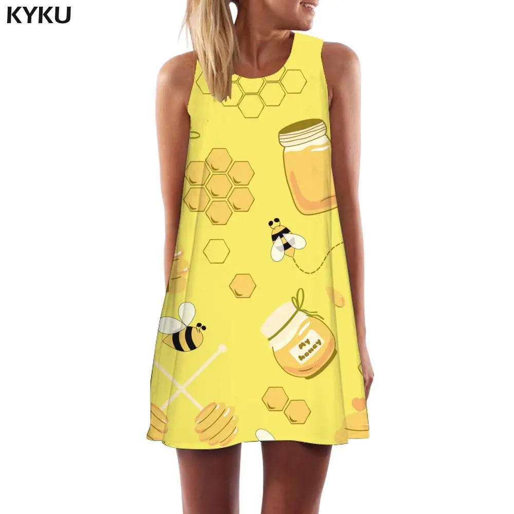 

KYKU Brand Bee Dress Women Honey Party Animal Beach Harajuku Ladies Dresses Womens Clothing Casual Sleeveless Tunic Wrap Fashion