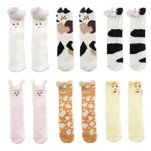 1 пара; женские бархатные носки кораллового цвета с объемным рисунком животных; зимние теплые пушистые Пушистые Носки-тапочки; чулочно-носочные изделия