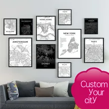 Personalizado negro moderno y blanco Mapa de ciudades del mundo Londres París Nueva York carteles Roma ciudad mapa imprime cuadro sobre lienzo para pared