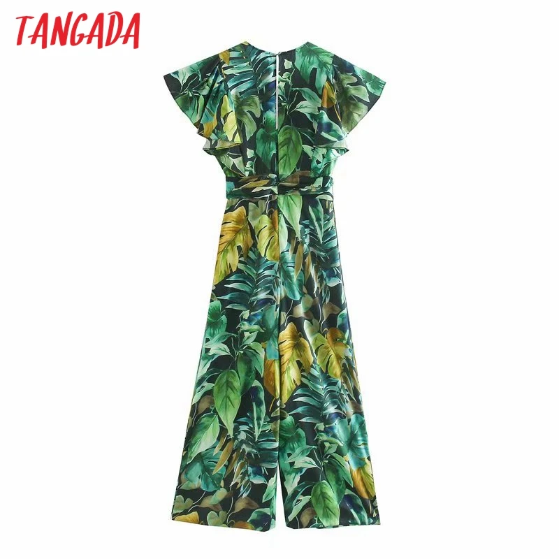 Tangada Women summer leaf print long jumpsuit ruffles short Sleeve pocket v neck female casual Jumpsuit 5Z199